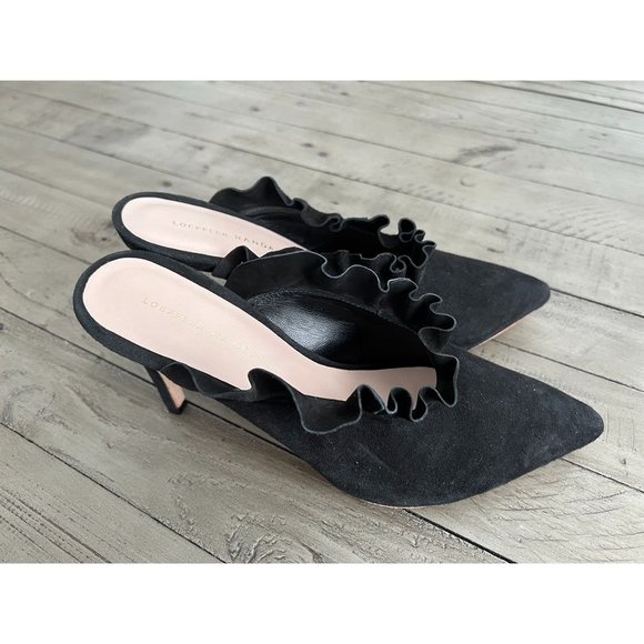 NWOB Loeffler Randall Langley Suede Ruffle Mule Slide Heels Size 9 Black - Picture 4 of 8